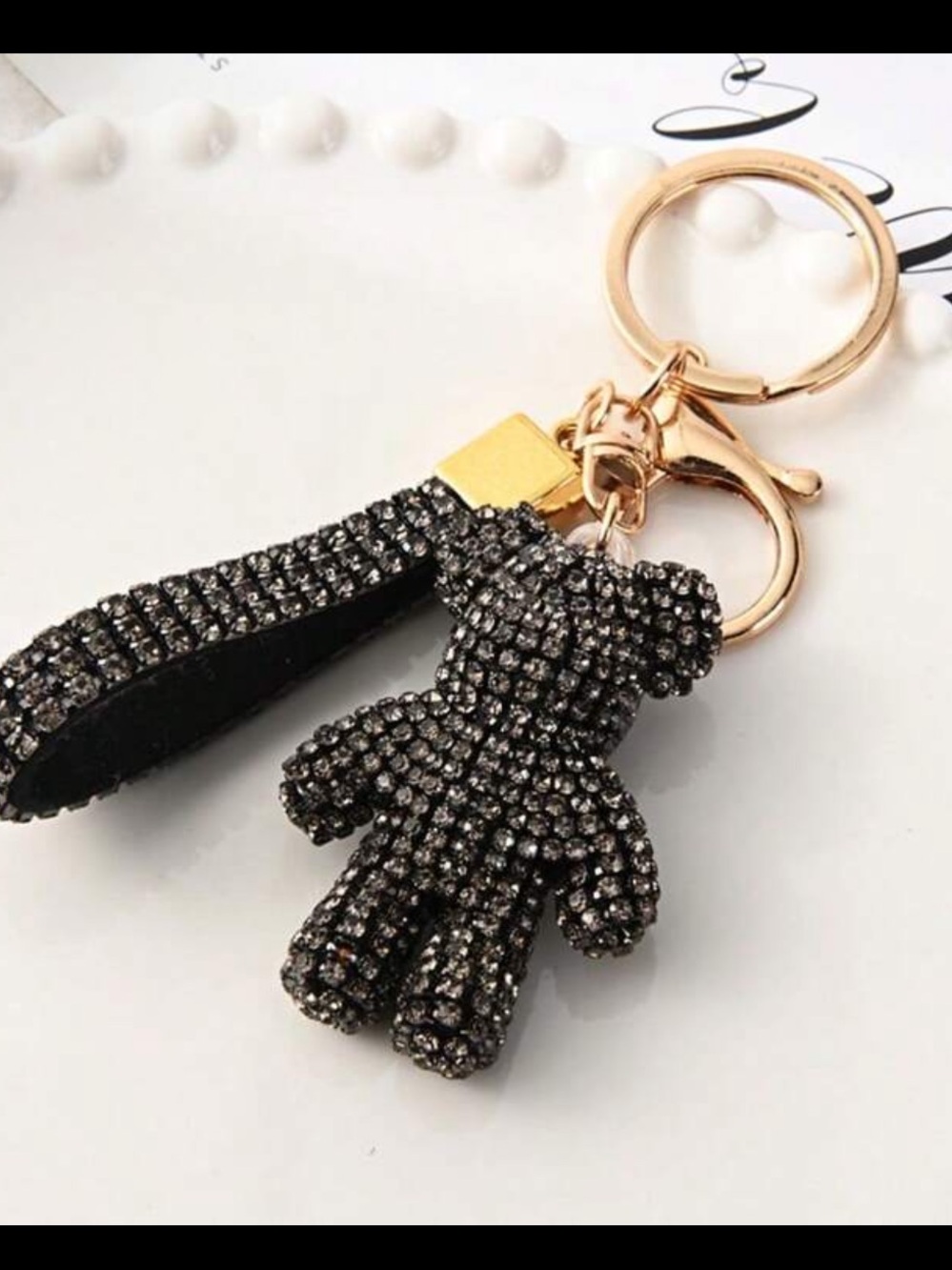 Crystal Teddy Bear Keychain Charm in Black with Gold Hardware